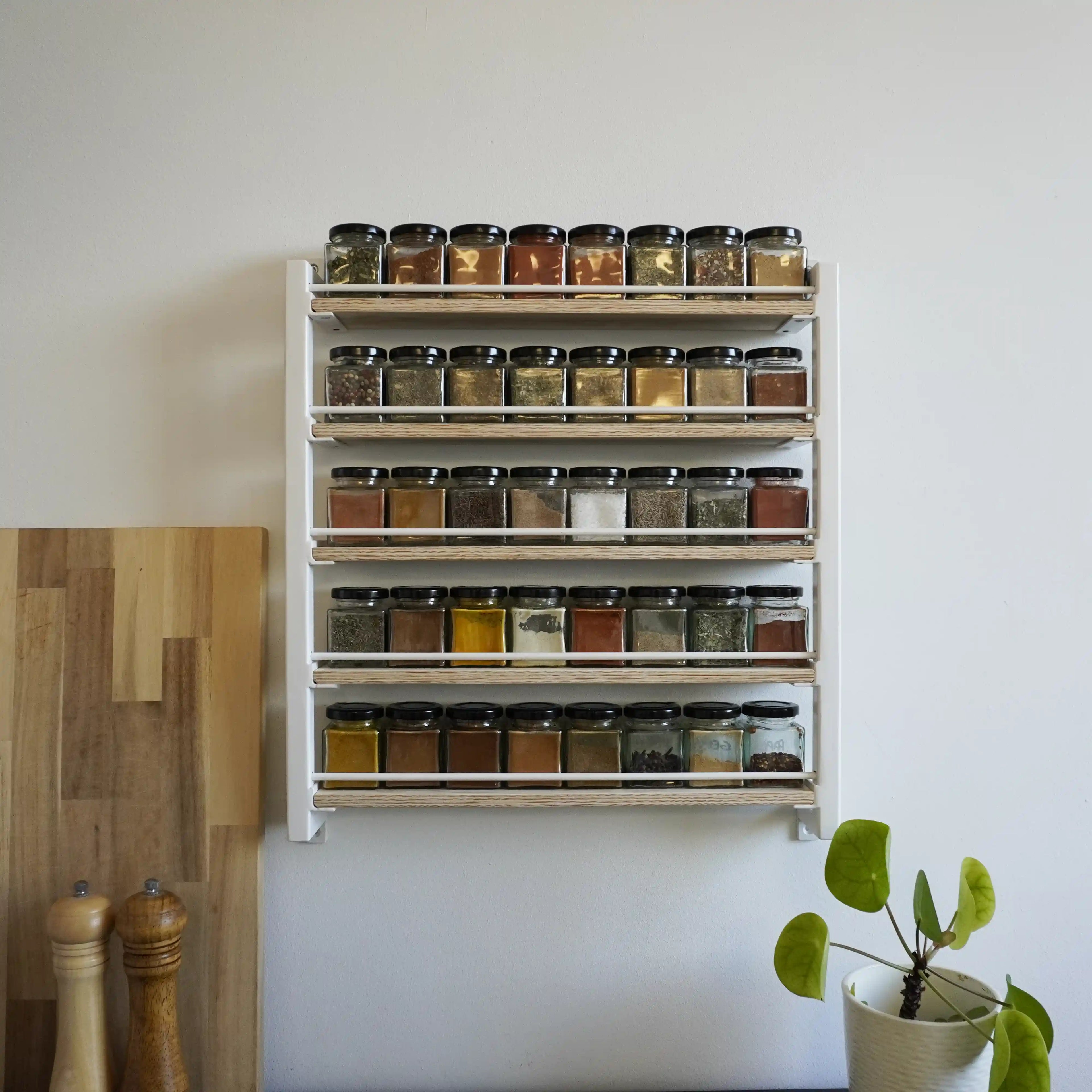 Stahl- und Holz-Gewürzregal (Weiß - 40 Gläser)