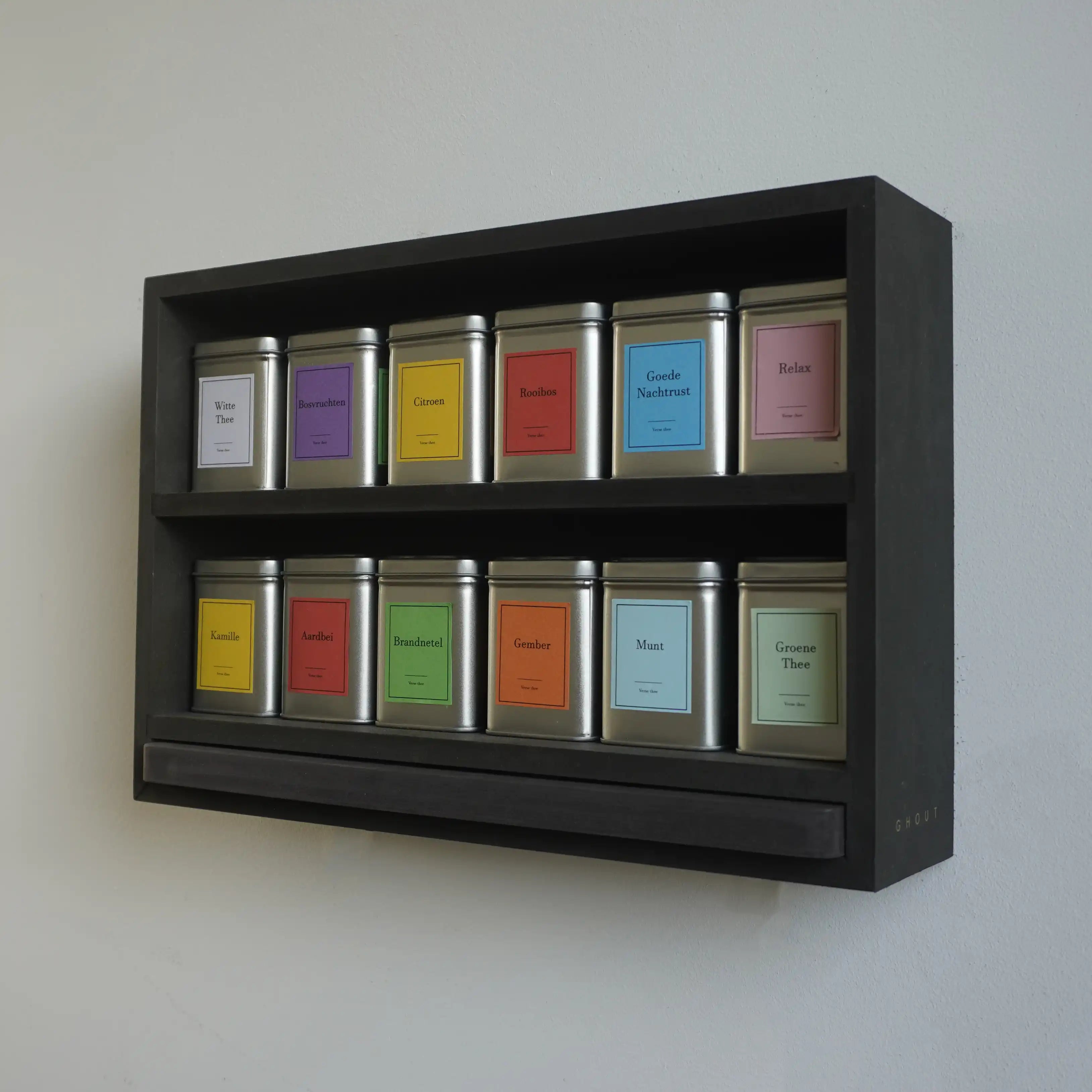 Teeregal mit schwarzem Servierbrett – inklusive 12 Teedosen