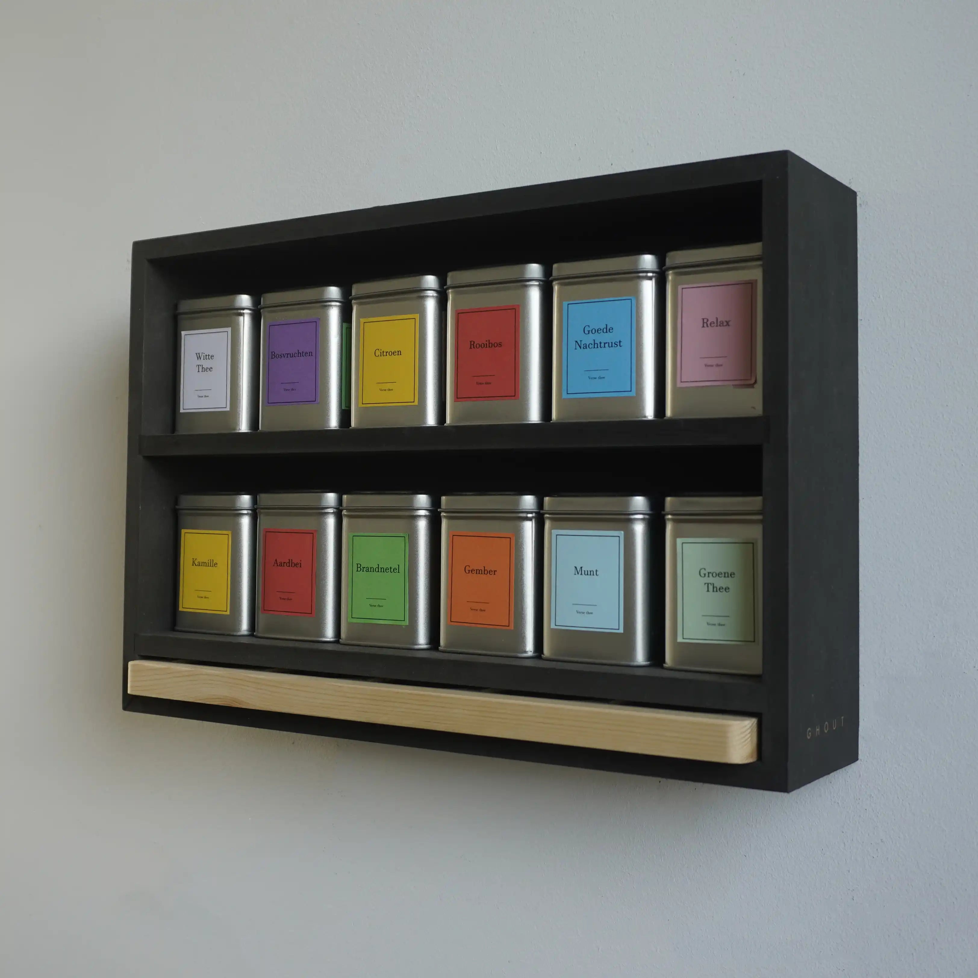 Teeregal mit hölzernem Servierbrett – inklusive 12 Teedosen