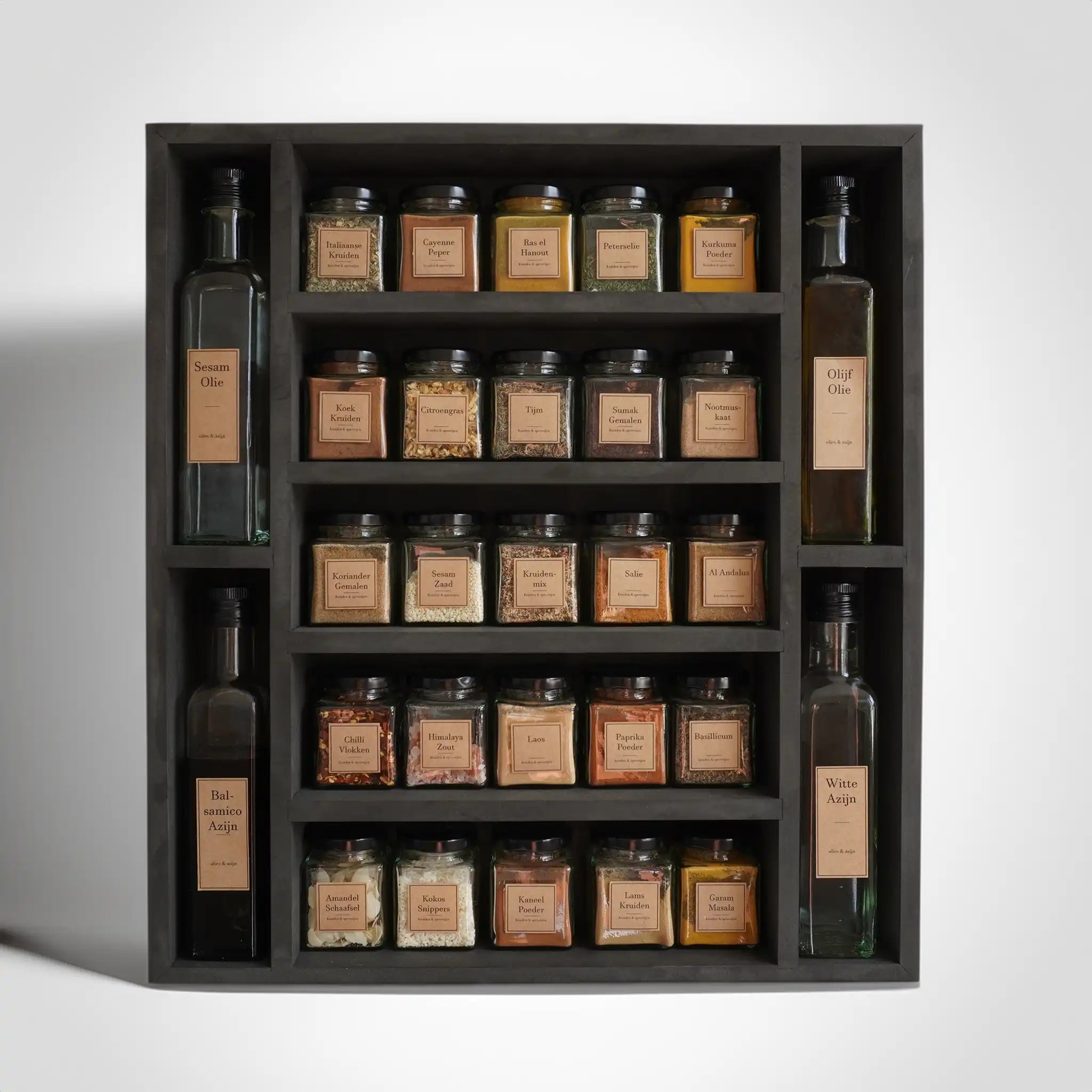 Schwarzes Gewürzregal (25 Gläser und 4 Ölflaschen)